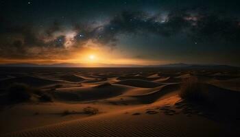 areia duna panorama às noite, leitoso caminho sobre África gerado de ai foto