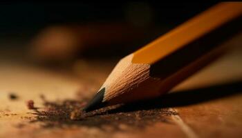 amarelo lápis em madeira mesa, afiado e criativo para Educação gerado de ai foto