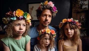 uma alegre família retrato, fofa crianças sorridente, cercado de flores gerado de ai foto