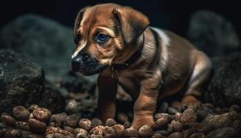 fofa cachorro sentado ao ar livre, olhando às Câmera, brincalhão e fofo gerado de ai foto