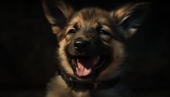 fofa cachorro sentado, olhando às Câmera, língua fora, Preto fundo gerado de ai foto