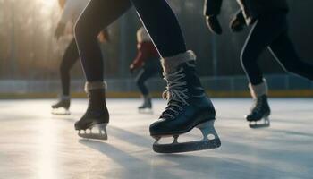 homens e mulheres gelo patinação, praticando para gelo hóquei concorrência dentro de casa gerado de ai foto
