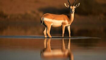 animal dentro natureza, mamífero reflexão, África ao ar livre, pôr do sol chifrudo água gerado de ai foto