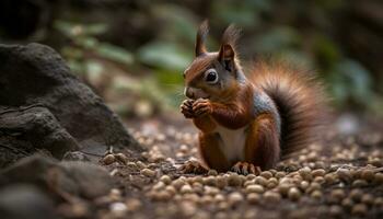 fofa mamífero comendo bolota, sentado em filial, peludo e fofo gerado de ai foto