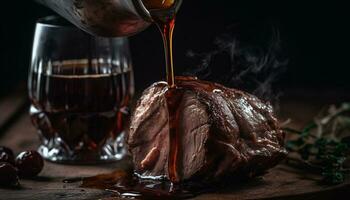 grelhado carne de porco bife em madeira mesa, uma rústico e delicioso refeição gerado de ai foto