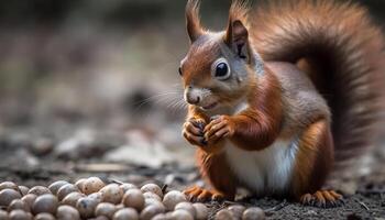 fofa pequeno mamífero comendo noz, sentado ao ar livre, olhando às Câmera gerado de ai foto