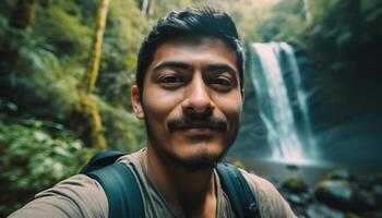 uma sorridente jovem homem caminhada dentro a floresta, desfrutando natureza gerado de ai foto