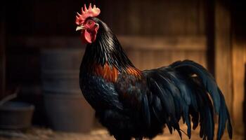 majestoso galo em pé dentro uma fazenda, olhando às Câmera com orgulho gerado de ai foto