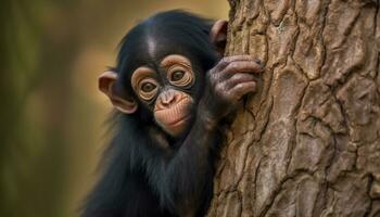 fofa macaco sentado em filial, encarando com expressivo olhos gerado de ai foto