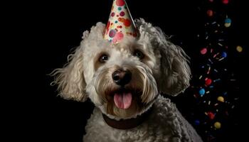 fofa cachorro comemora aniversário com amigos, vestindo festa decorações gerado de ai foto