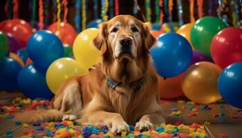 fofa cachorro jogando com uma azul balão às uma aniversário festa gerado de ai foto