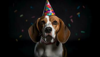 fofa cachorro a comemorar aniversário, olhando às Câmera, cercado de decorações gerado de ai foto
