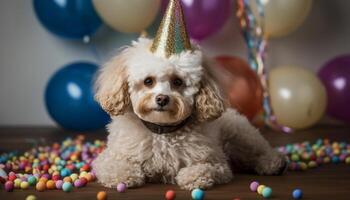 fofa cachorro sentado com uma presente, a comemorar aniversário com amigos gerado de ai foto