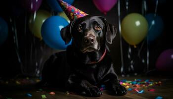 fofa cachorro comemora aniversário com amigos, balões, e confete gerado de ai foto