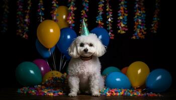 fofa cachorro comemora aniversário com balões, confete, e brincalhão brinquedos gerado de ai foto