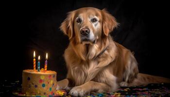 uma fofa cachorro senta, olhando às Câmera, com aniversário presente gerado de ai foto