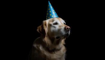 fofa filhote de cachorro, de raça pura recuperador, sentado, olhando, a comemorar aniversário com presente gerado de ai foto