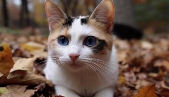 fofa gatinho sentado dentro outono grama, encarando às Câmera com curiosidade gerado de ai foto