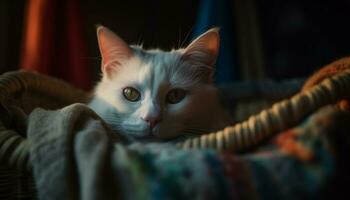 fofa gatinho sentado em sofá, encarando com brincalhão azul olhos gerado de ai foto