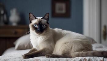 fofa gatinho em repouso em suave travesseiro, encarando às Câmera encantadoramente gerado de ai foto