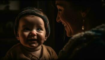 uma fofa bebê Garoto sorridente, vínculo com dele mãe dentro de casa gerado de ai foto