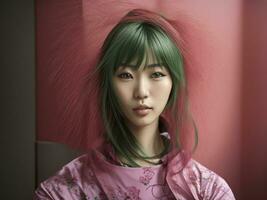 retrato do Rosa e verde eletrificado cabelos japonês jovem mulher gerado com ai foto