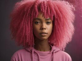 retrato do Rosa encaracolado cabelos afro americano jovem mulher gerado com ai foto