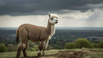 fofa alpaca pastar em verde Relva dentro rural Fazenda gerado de ai foto