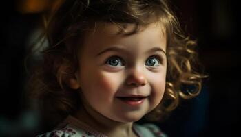 fofa sorridente criança, retrato do 1 alegre caucasiano menina olhando gerado de ai foto