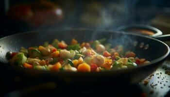 fresco, saudável legumes cozinhou com orgânico ingredientes em uma de madeira prato gerado de ai foto