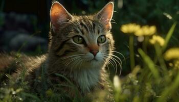 fofa gatinho sentado dentro grama, encarando às Câmera dentro luz solar gerado de ai foto