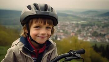 sorridente criança ciclismo ao ar livre, desfrutando aventura e alegre infância esporte gerado de ai foto