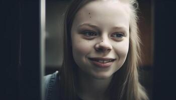 sorridente retrato do uma fofa caucasiano menina olhando às Câmera gerado de ai foto