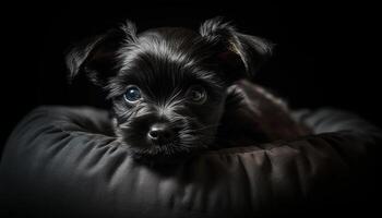 fofa filhote de cachorro, pequeno terrier, Preto fundo, olhando às Câmera gerado de ai foto