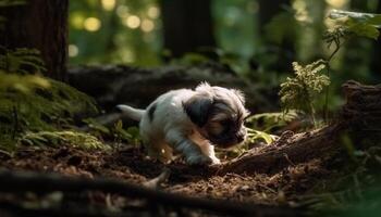 fofa cachorro jogando dentro a verde Relva debaixo a outono Sol gerado de ai foto