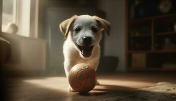 fofa cachorro jogando com uma bola dentro de casa, tendo Diversão e olhando brincalhão gerado de ai foto