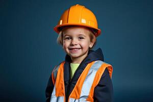 retrato do uma fofa pequeno Garoto dentro uma construção capacete ai gerado foto