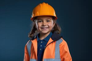 retrato do uma sorridente pequeno menina dentro uma construção capacete ai gerado foto