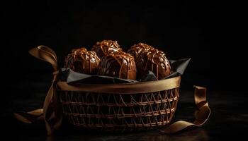 caseiro chocolate Brigadeiro sobremesa, uma doce gourmet indulgência em madeira gerado de ai foto