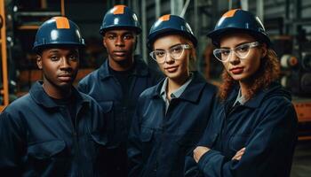 uma diverso equipe do confiante engenheiros trabalhando junto, sorridente gerado de ai foto