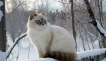 fofa gatinho sentado dentro neve, encarando às Câmera com azul olhos gerado de ai foto