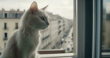 fofa gatinho sentado em janela peitoril, encarando através a janela gerado de ai foto