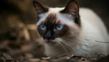 fofa gatinho sentado em grama, encarando com azul olhos gerado de ai foto