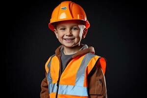 retrato do uma fofa pequeno Garoto dentro uma construção capacete ai gerado foto