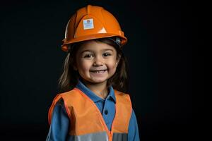 retrato do uma sorridente pequeno menina dentro uma construção capacete ai gerado foto