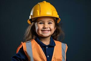 retrato do uma sorridente pequeno menina dentro uma construção capacete ai gerado foto