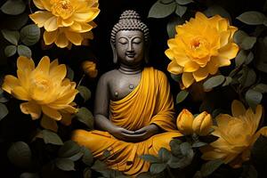 Buda estátua cercado de amarelo flores ai gerado foto