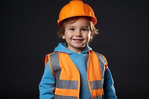 retrato do uma fofa pequeno Garoto dentro uma construção capacete ai gerado foto