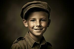 retrato do uma fofa pequeno Garoto dentro militares uniforme em Sombrio fundo ai gerado foto