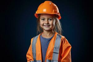 retrato do uma sorridente pequeno menina dentro uma construção capacete ai gerado foto